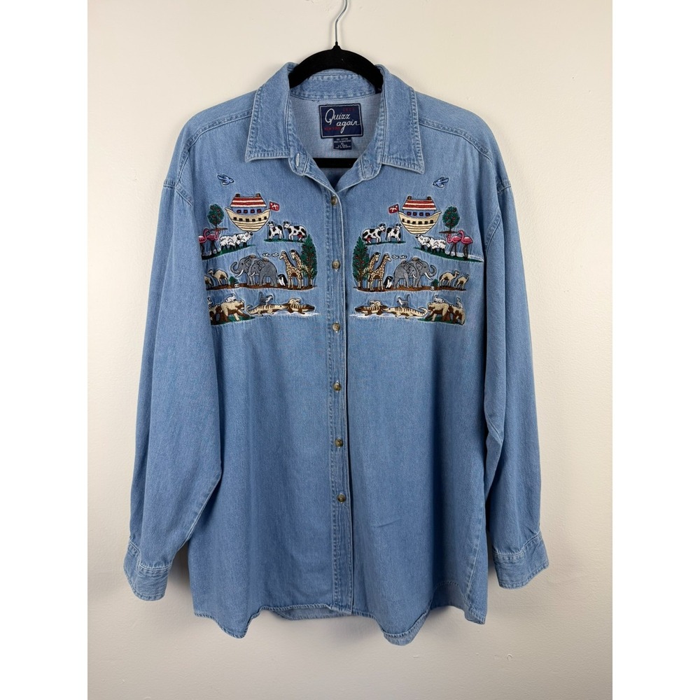 Quizz Again Shirt Button Women XL Blue Chambray Long Sleeve Embroidered Cotton